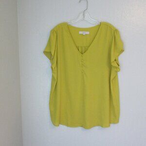 LOFT Chartreuse XL Front Buttons V-Neck Short Sleeve Blouse